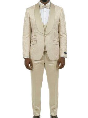 Champagne Jacquard Wide Shawl Lapel 3 Piece Fashion Men's Suit